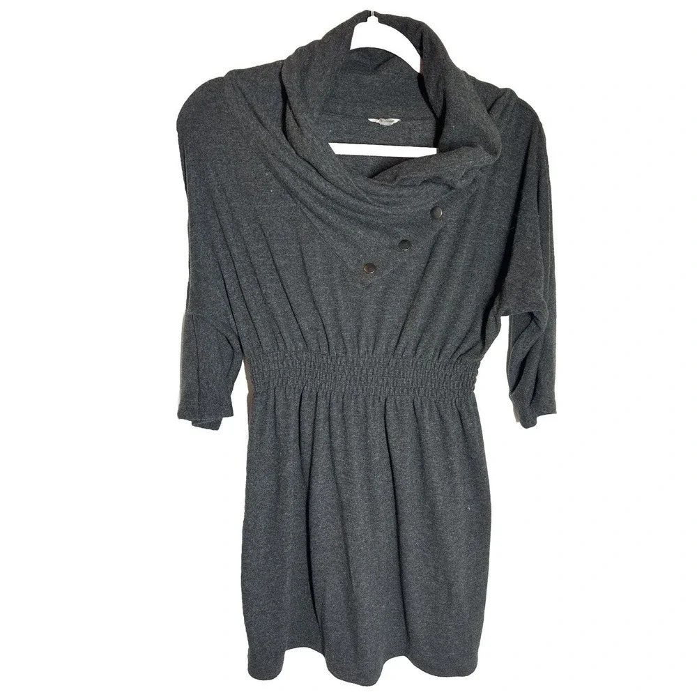 Fossil Tunic Shirt Top dress Women’s Size M Charcoal gray cowl snap 3/4 sleeve